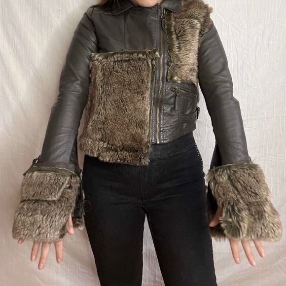 Custom Upcycled Asymetrical Faux Fur Faux Leather Zip Up Jacket Size S - Picture 2 of 3